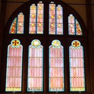 The magnificent front stained glass windows.