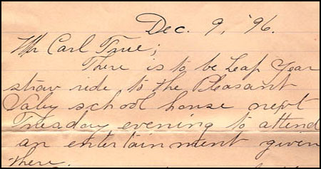 Letter from Emma Holmes to Carl True inviting him to a Leap Year Event. 1896